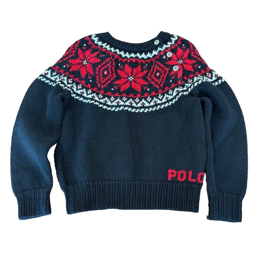Polo Ralph Lauren Let It Snow cotton sweater poinsettia red blue girls size 4 T